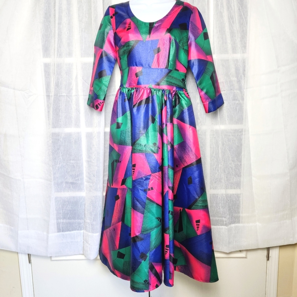 Eien Maxi A Line Dress 3/4 Sleeve Abstract Geometric Colorful Artsy Party Sz S